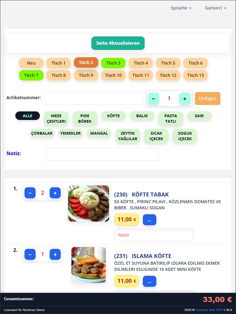 Hanware Restaurant - Tisch-Auswahl mit Status, Kategorien und Bestellpositionen